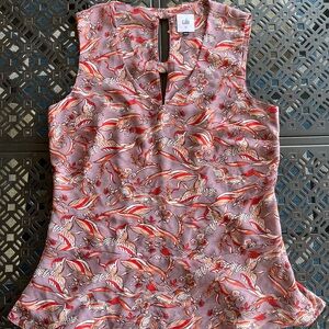 Cabi XS detailed sleeveless top in lavender, rust, brown, and cream.